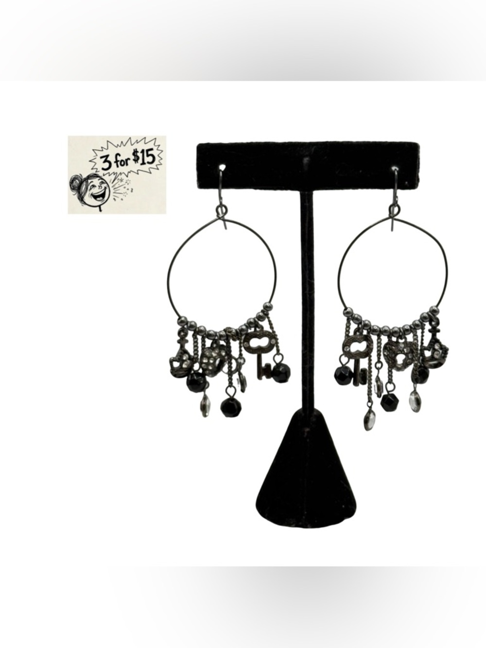 Gunmetal Key & Bead Hoop Dangle Earrings 2" Hang